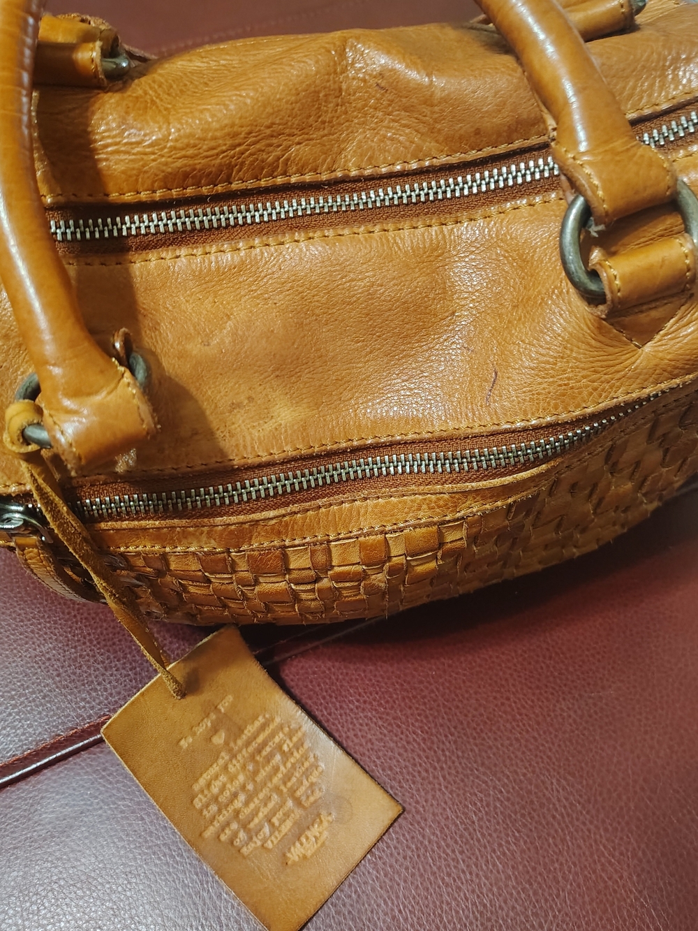 Leather Woven Accent Satchel - Tan Vilenca Holland